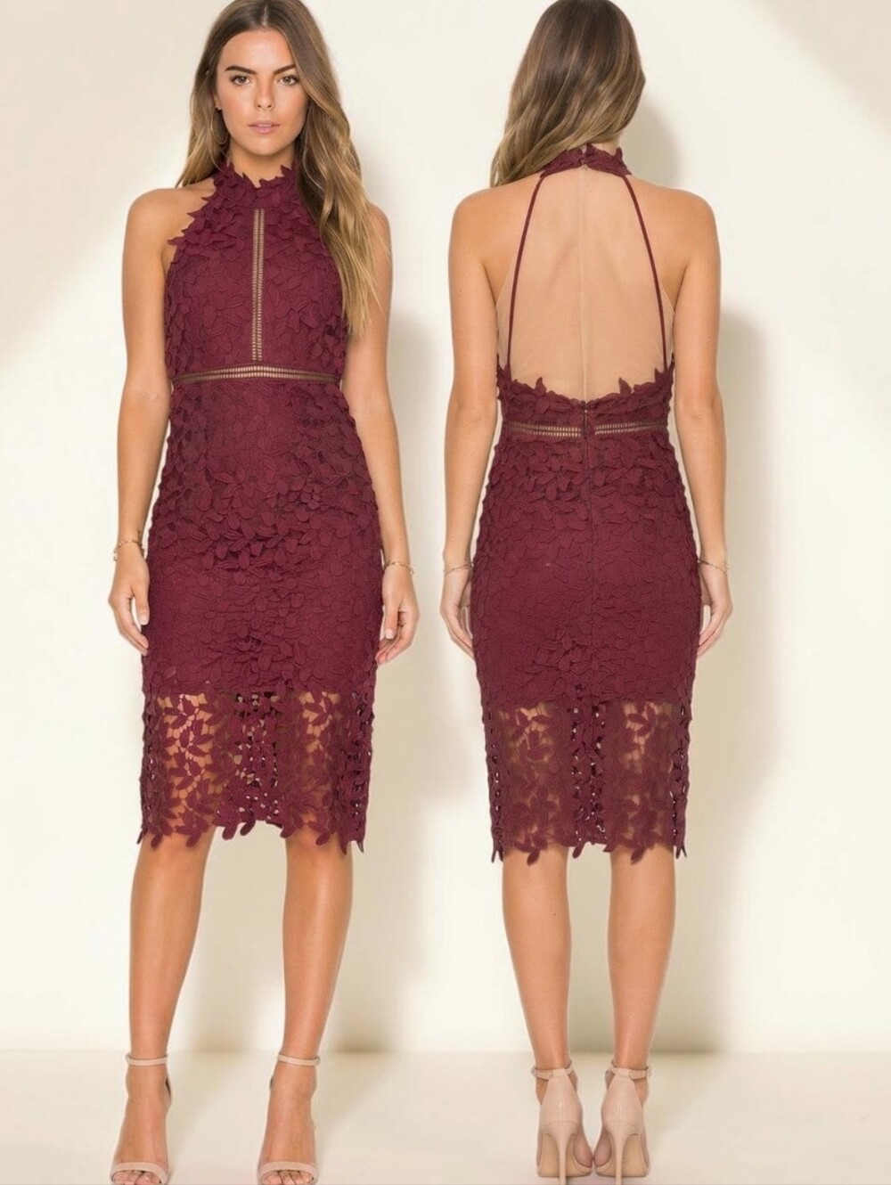 BARDOT Gemma Burgundy Lace Halter Pencil Dress - Size 8